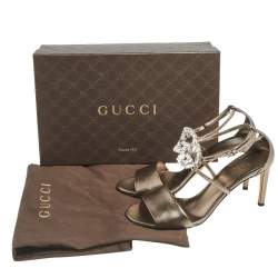 Pre Owned Gucci Metallic Leather Crystal Embellished GG Logo Ankle Strap Sandals Size 38