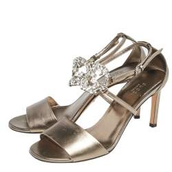 Pre Owned Gucci Metallic Leather Crystal Embellished GG Logo Ankle Strap Sandals Size 38