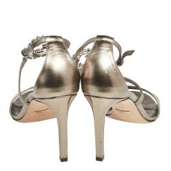 Pre Owned Gucci Metallic Leather Crystal Embellished GG Logo Ankle Strap Sandals Size 38