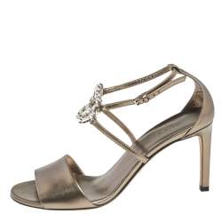 Pre Owned Gucci Metallic Leather Crystal Embellished GG Logo Ankle Strap Sandals Size 38