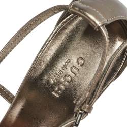 Pre Owned Gucci Metallic Leather Crystal Embellished GG Logo Ankle Strap Sandals Size 38