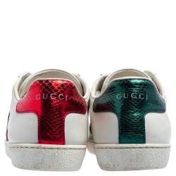 Pre Owned Gucci White Leather Embroidered Bee Ace Low-Top Sneakers Size 37.5