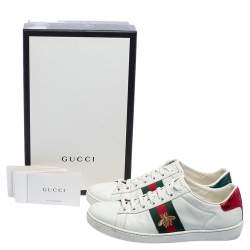 Pre Owned Gucci White Leather Embroidered Bee Ace Low-Top Sneakers Size 37.5