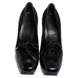 Pre Owned Gucci Black Suede And Patent Leather Platform Lace Up Booties Size 37