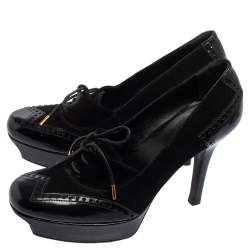 Pre Owned Gucci Black Suede And Patent Leather Platform Lace Up Booties Size 37