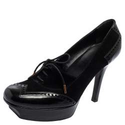 Pre Owned Gucci Black Suede And Patent Leather Platform Lace Up Booties Size 37