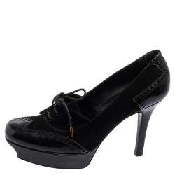 Pre Owned Gucci Black Suede And Patent Leather Platform Lace Up Booties Size 37