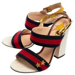 مملوكة مسبقًا Gucci Multicolor Leather And Web Trim Block Heel Sandals Size 38
