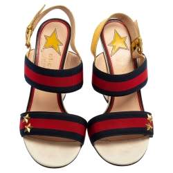 مملوكة مسبقًا Gucci Multicolor Leather And Web Trim Block Heel Sandals Size 38