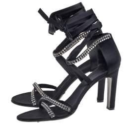 Pre Owned Gucci Black Satin Ankle Wrap Sandals Size 39.5