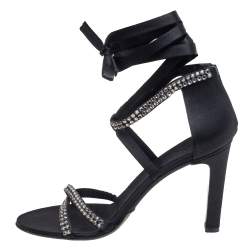 Pre Owned Gucci Black Satin Ankle Wrap Sandals Size 39.5