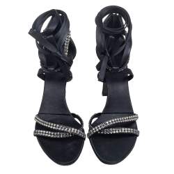Pre Owned Gucci Black Satin Ankle Wrap Sandals Size 39.5