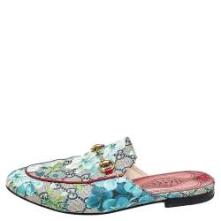 Pre Owned Gucci Blue/Grey GG Canvas Blooms Print Princetown Mules Size 38