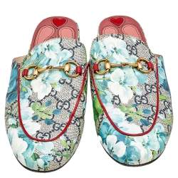 Pre Owned Gucci Blue/Grey GG Canvas Blooms Print Princetown Mules Size 38