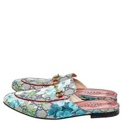 Pre Owned Gucci Blue/Grey GG Canvas Blooms Print Princetown Mules Size 38
