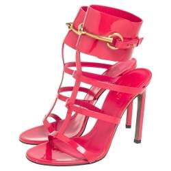 Pre Owned Gucci Pink Patent Leather Ursula Horsebit Ankle-Strap Sandals Size 37.5