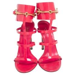 Pre Owned Gucci Pink Patent Leather Ursula Horsebit Ankle-Strap Sandals Size 37.5