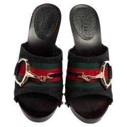 Pre Owned Gucci Black GG Canvas Icon Bit Web Clog Sandals Size 36