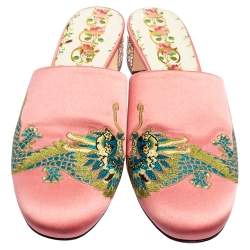 Gucci Pink Satin Dragon Embroidery Slide Sandals Size 38