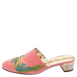 Gucci Pink Satin Dragon Embroidery Slide Sandals Size 38