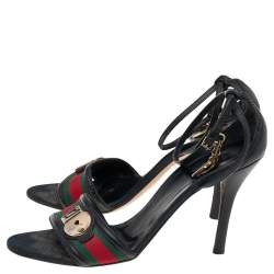 Pre Owned Gucci Black Leather And Web Ankle Strap Sandals Size 40.5