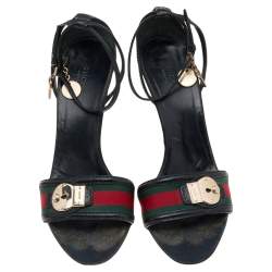 Pre Owned Gucci Black Leather And Web Ankle Strap Sandals Size 40.5