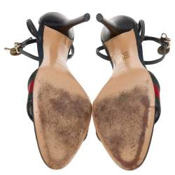 Pre Owned Gucci Black Leather And Web Ankle Strap Sandals Size 40.5