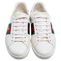 Pre Owned Gucci White Leather Bee Embroidered Ace Sneakers Size 42.5