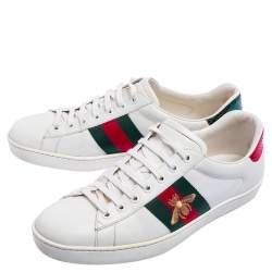 Pre Owned Gucci White Leather Bee Embroidered Ace Sneakers Size 42.5