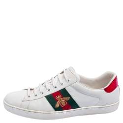 Pre Owned Gucci White Leather Bee Embroidered Ace Sneakers Size 42.5