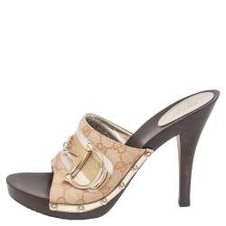 مملوكة مسبقًا صندل غوتشي أيقون بت كلوغ كانفاس جي جي بيج وبني مقاس 41