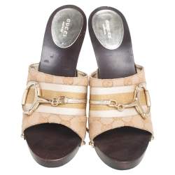 مملوكة مسبقًا صندل غوتشي أيقون بت كلوغ كانفاس جي جي بيج وبني مقاس 41