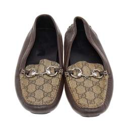 Gucci Beige/Brown GG Supreme Canvas And Leather Horsebit Slip On Loafers Size 39.5