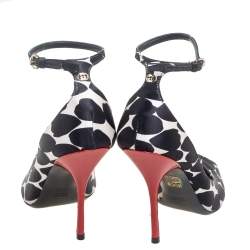 Pre Owned Gucci Black/White Animal Print Satin Peep-Toe Ankle-Strap Sandal Size 40.5