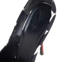 Pre Owned Gucci Black/White Animal Print Satin Peep-Toe Ankle-Strap Sandal Size 40.5