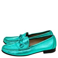 Gucci Metallic Green Leather Horsebit Slip On Loafers Size 38