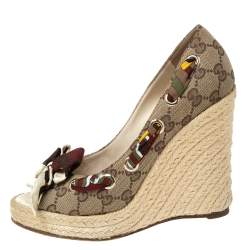 Pre Owned صندل غوتشي كعب روكي دورسيه مقدمة مفتوحة بامبو كانفاس جي جي بيج مقاس 37