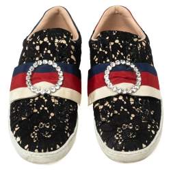 مملوكة مسبقًا Gucci Black Lace Ace Web Crystal Embellished Sneakers Size 37