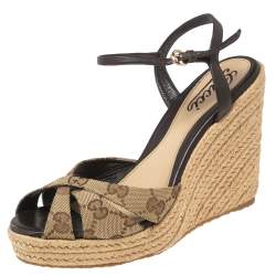 Pre Owned صندل كعب روكي غوتشي كعب روكي إسبادريل بنلوب جلد وكانفاس جي جي بيج مقاس 37.5