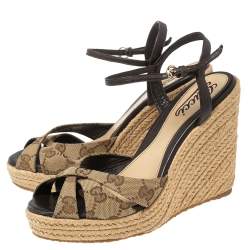 Pre Owned صندل كعب روكي غوتشي كعب روكي إسبادريل بنلوب جلد وكانفاس جي جي بيج مقاس 37.5