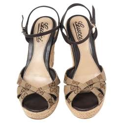 Pre Owned صندل كعب روكي غوتشي كعب روكي إسبادريل بنلوب جلد وكانفاس جي جي بيج مقاس 37.5