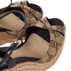 Pre Owned صندل كعب روكي غوتشي كعب روكي إسبادريل بنلوب جلد وكانفاس جي جي بيج مقاس 37.5