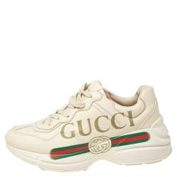 Pre Owned Gucci Beige Leather Rhyton Gucci Logo Low Top Sneakers Size 37