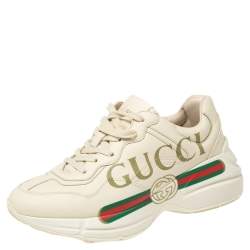 Pre Owned Gucci Beige Leather Rhyton Gucci Logo Low Top Sneakers Size 37
