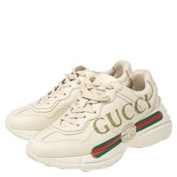 Pre Owned Gucci Beige Leather Rhyton Gucci Logo Low Top Sneakers Size 37