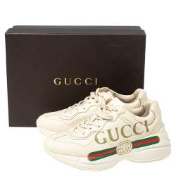 Pre Owned Gucci Beige Leather Rhyton Gucci Logo Low Top Sneakers Size 37