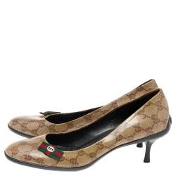 Pre Owned Gucci Beige/Brown GG Crystal Canvas Web Bow Pumps Size 39