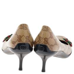 Pre Owned Gucci Beige/Brown GG Crystal Canvas Web Bow Pumps Size 39