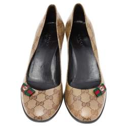Pre Owned Gucci Beige/Brown GG Crystal Canvas Web Bow Pumps Size 39