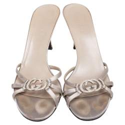 Pre Owned Gucci Grey  GG Interlocking Satin Strappy Slide Sandals Size 37.5